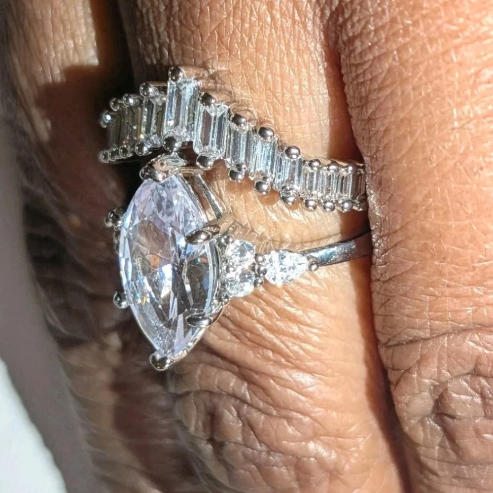 Luxury 925 Silver 4ct Simulated Marquise Diamond Wedding Ring Set For Women Sz 8
